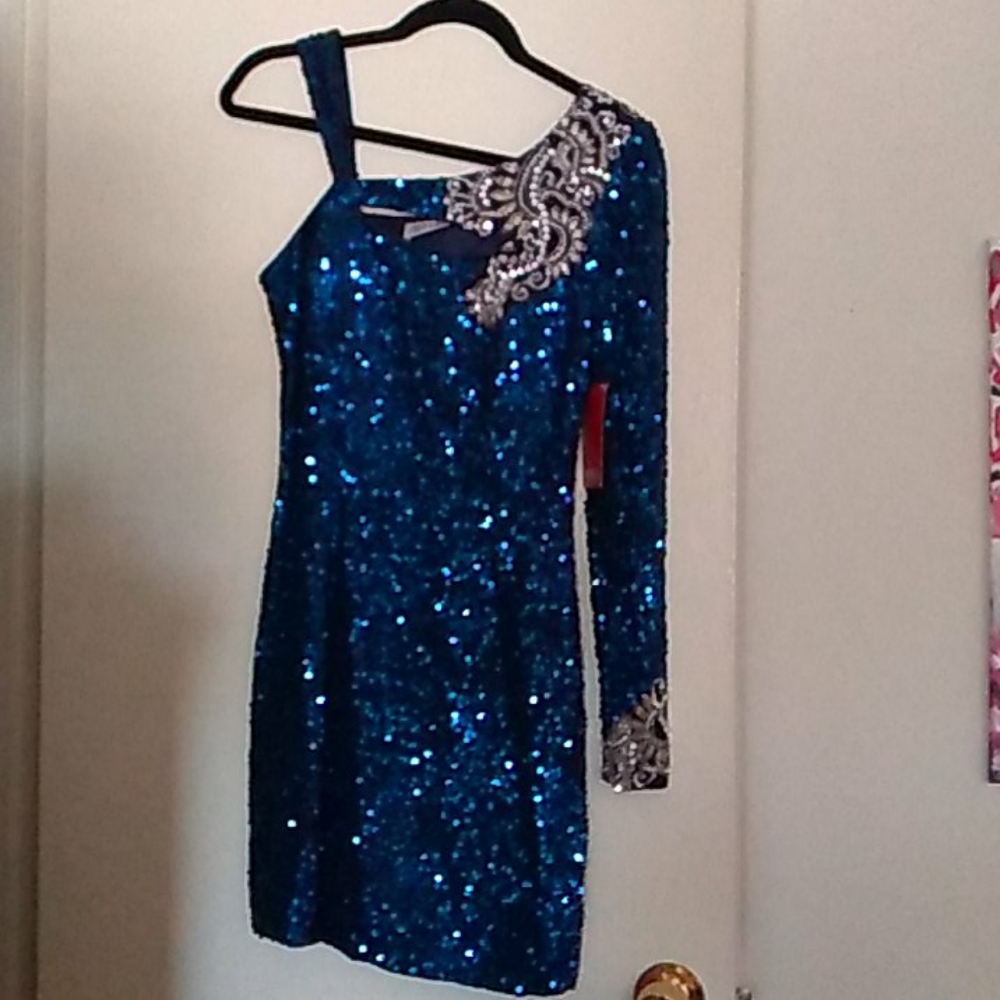 Shail K asymmetrical navy sequin dress